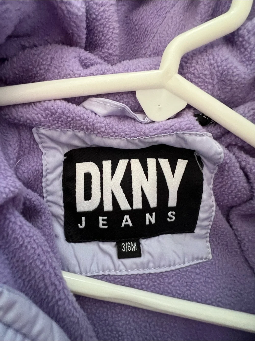 DKNY Lilac and White Baby Puffer Bunting with Hood